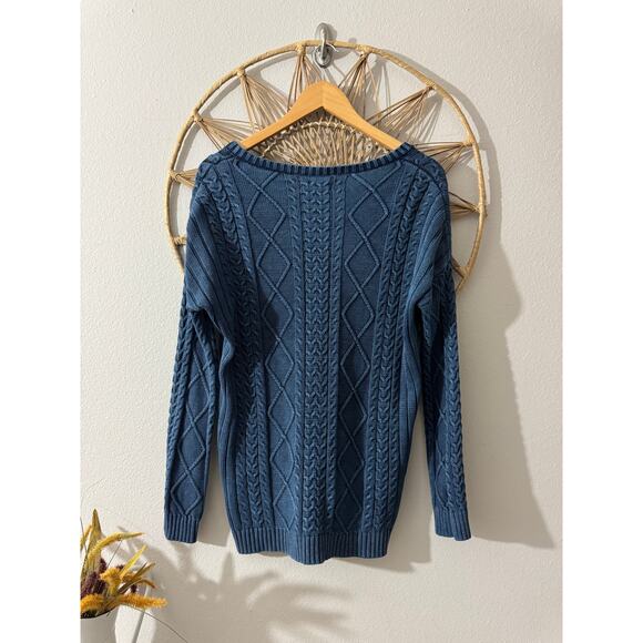 Blue Cotton Natural Reflections Chunky Cable Knit Fisherman V Neck Sweater SMALL - Picture 8 of 10
